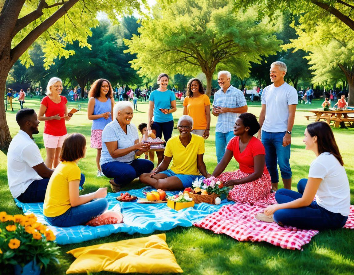 A vibrant community scene depicting diverse individuals engaging in joyful activities, sharing smiles and laughter in a sunny park. Include elements such as picnic gatherings, children playing, and friends connecting over shared interests, all surrounded by an abundance of colorful flowers and greenery. The atmosphere should feel warm and inviting, radiating a sense of togetherness and happiness. super-realistic. bright colors. lively atmosphere.