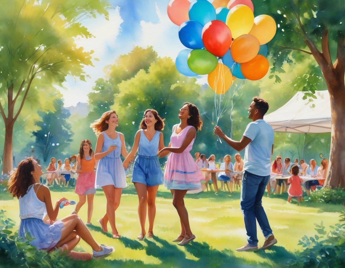 A lively scene depicting a diverse group of friends sharing laughter and joy in a sunlit park, with colorful balloons and picnic spreads. Incorporate elements of friendship like hugging, exchanging gifts, and playful games. Emphasize expressions of happiness and connection through vibrant colors that radiate warmth. Add a background of lush greenery and a bright blue sky to enhance the cheerful atmosphere. watercolor painting. vibrant colors.