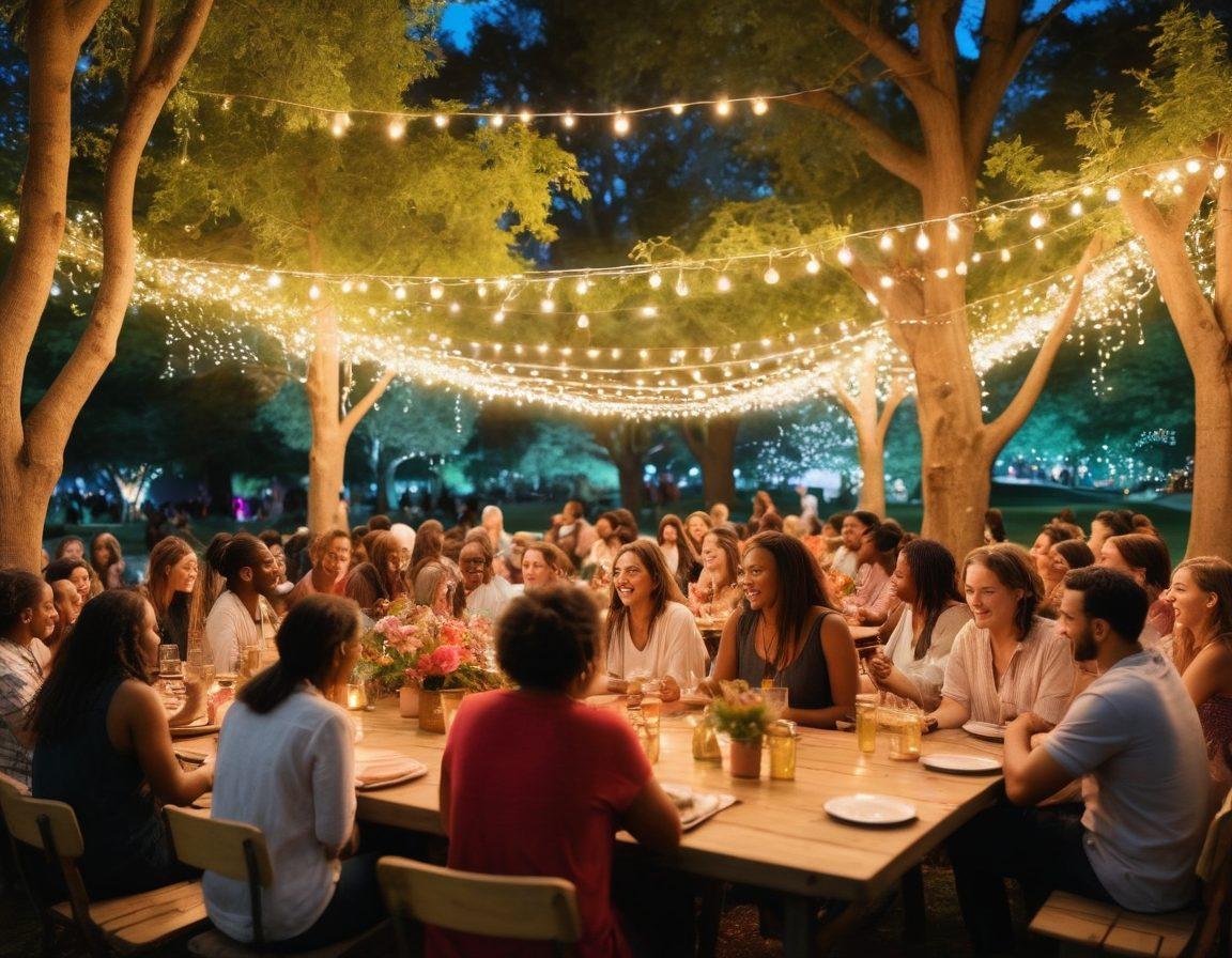 A vibrant collage of diverse people participating in joyful gatherings, exchanging ideas, and forming strong connections in an enchanting park setting. Illuminated by colorful decorations and twinkling fairy lights, the scene radiates warmth and unity, showcasing laughter, collaboration, and shared experiences. Include elements like trees, picnic tables, and group activities to emphasize community spirit. vibrant colors. super-realistic.